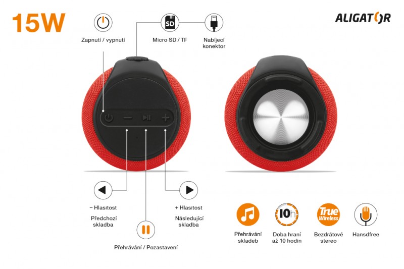 Bluetooth outdoor reproduktor ALIGATOR STEREO ABS3, červená