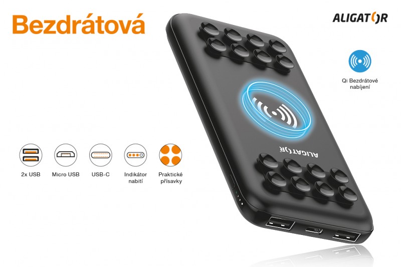 Powerbanka ALIGATOR Savelock, bezdrátová, 10000mAh, černá
