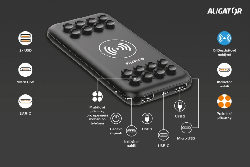Powerbanka ALIGATOR Savelock, bezdrátová, 10000mAh, černá