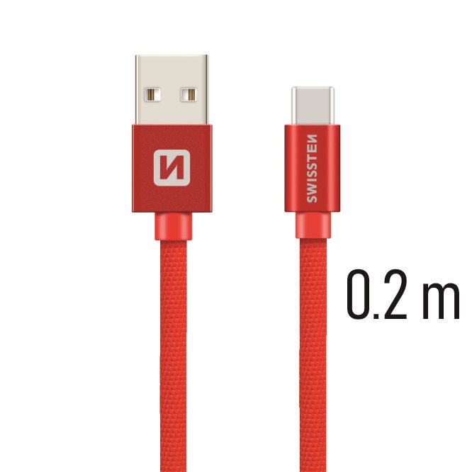 Datový kabel Swissten Textile USB/USB-C, 0,2m, červený