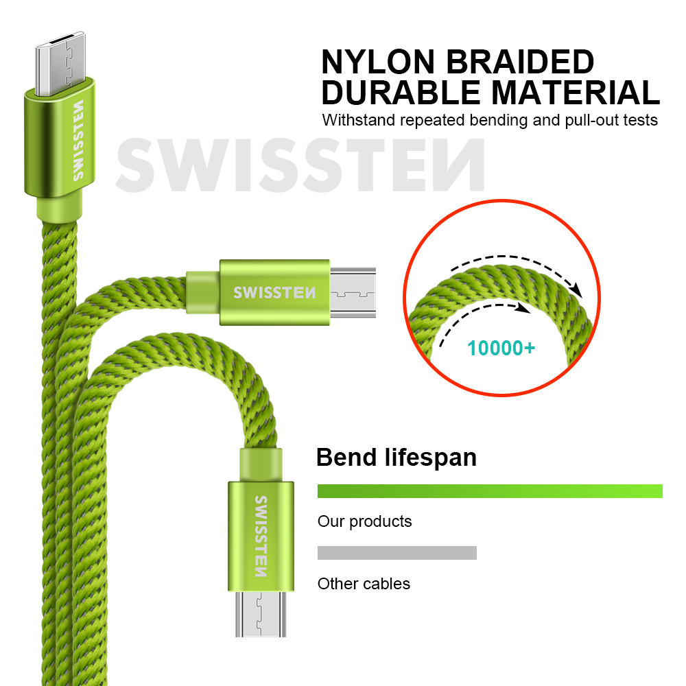 Datový kabel Swissten Textile USB/MicroUSB, 0,2, zelený