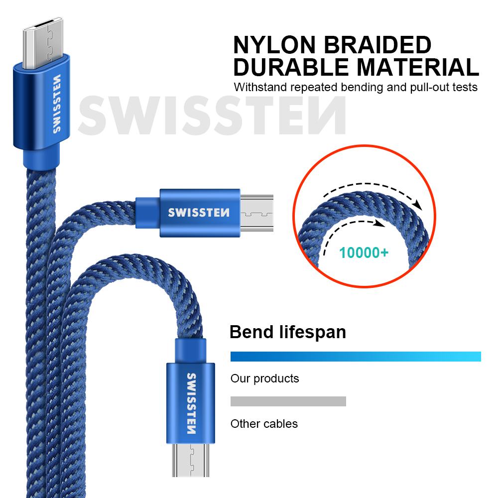 Datový kabel Swissten Textile USB/MicroUSB, 0,2m, modrý
