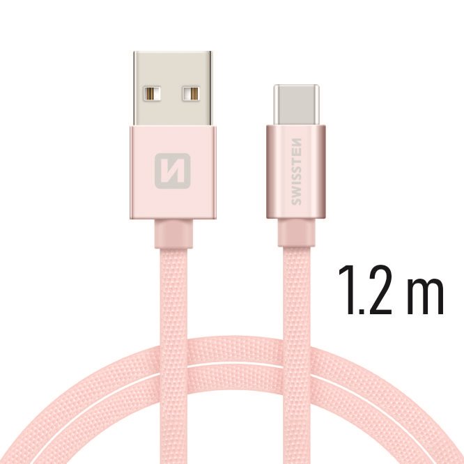 Datový kabel Swissten Textile USB/USB-C, 1,2m, růžovo/zlatý