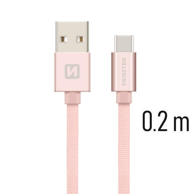 Datový kabel Swissten Textile USB/USB-C, 0,2m, růžovo/zlatý