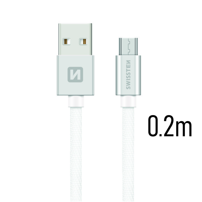 Datový kabel Swissten Textile USB/MicroUSB, 0,2m, stříbrný