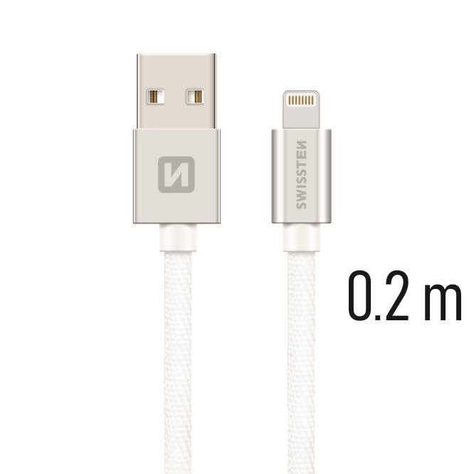 Datový kabel Swissten Textile USB/Lightning, 0,2m, stříbrný