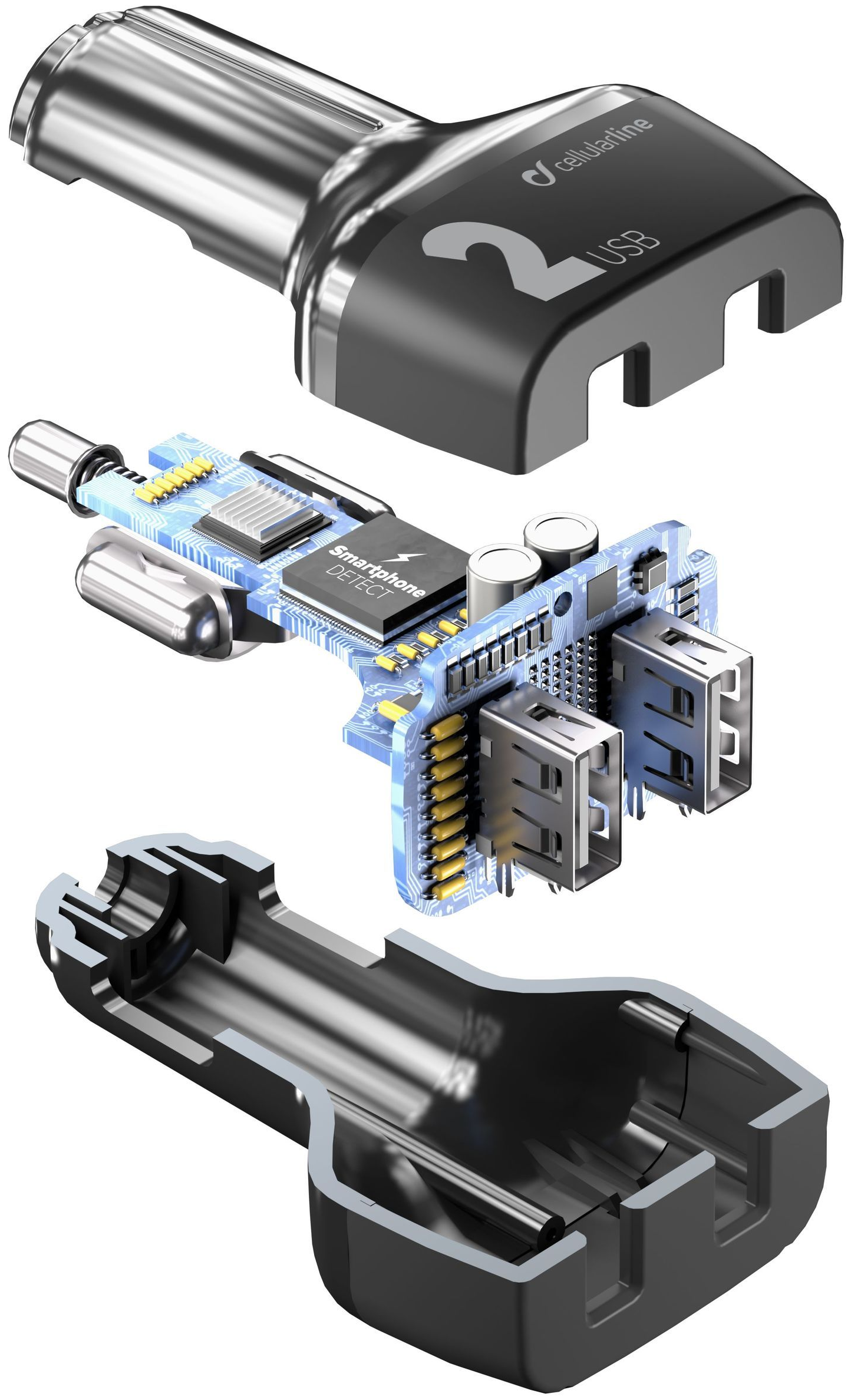Autonabíječka Cellularline Car Multipower 2 s technologií Smartphone Detect, 2 x USB port, 24W, černá 