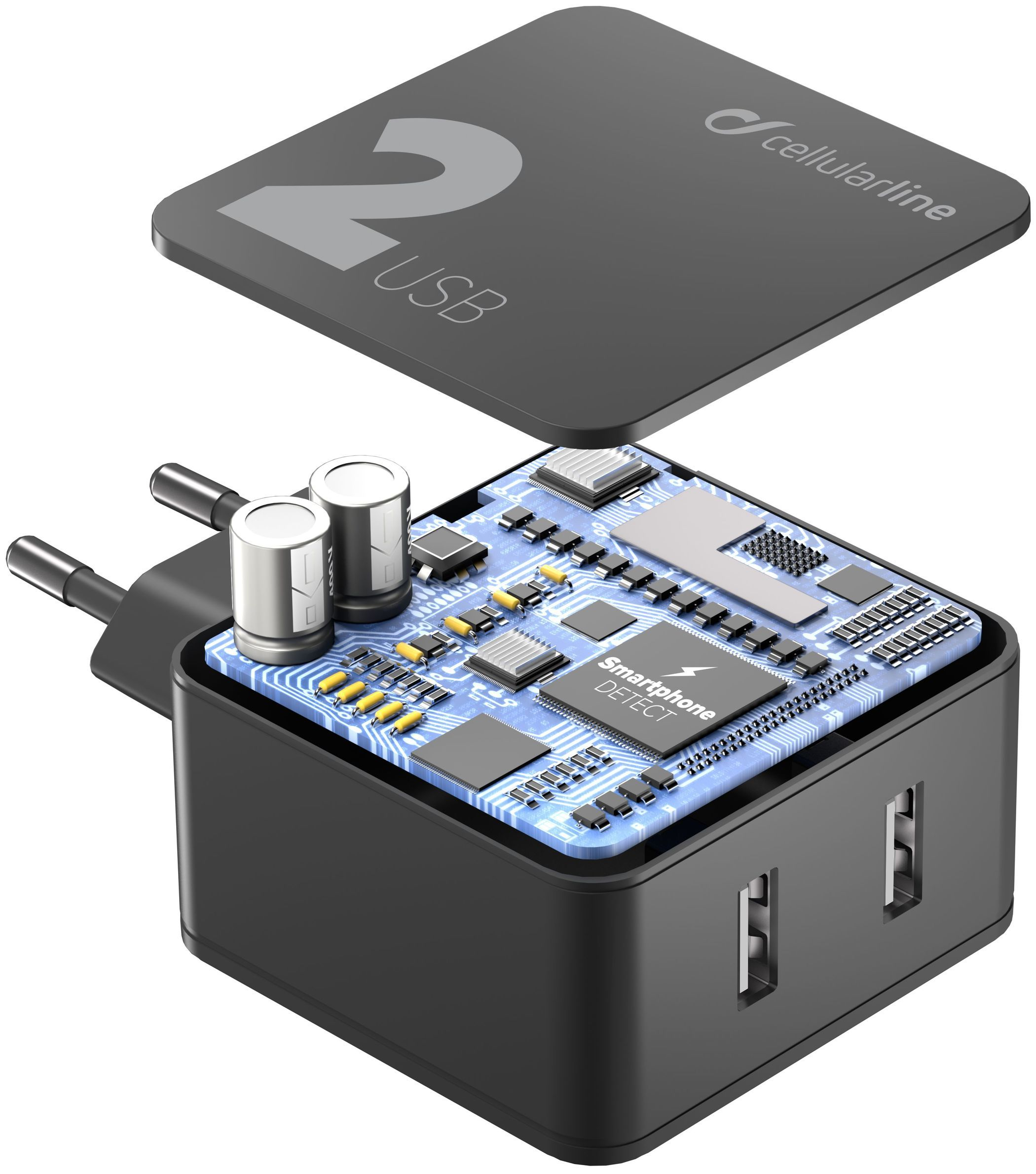 Síťová nabíječka Cellularline Multipower 2 s technologií Smartphone detect, 2 x USB port, 24W, černá 