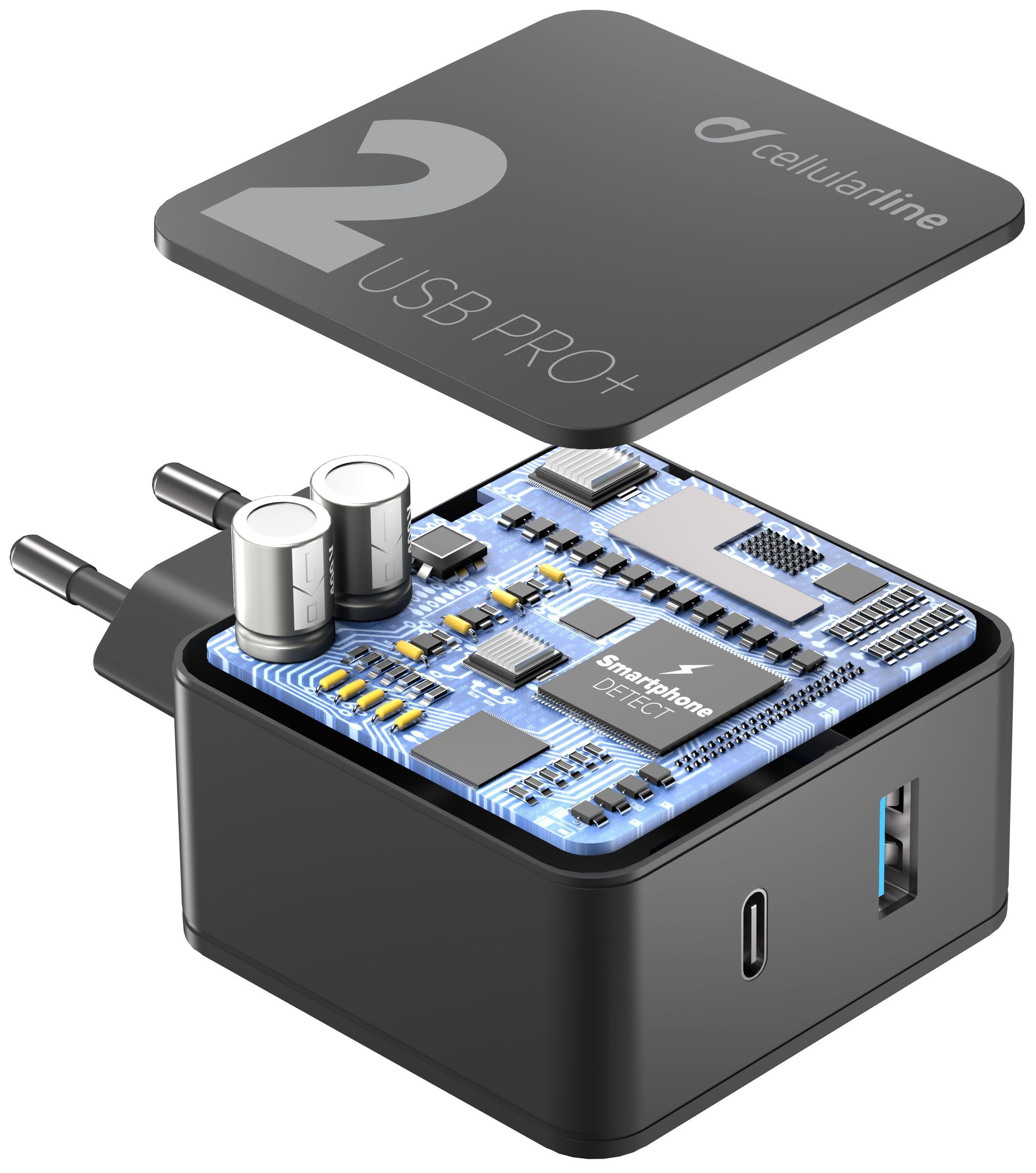 Síťová nabíječka Cellularline Multipower 2 PRO+ s technologií Smartphone Detect, USB-C + USB port, 36W, černá 