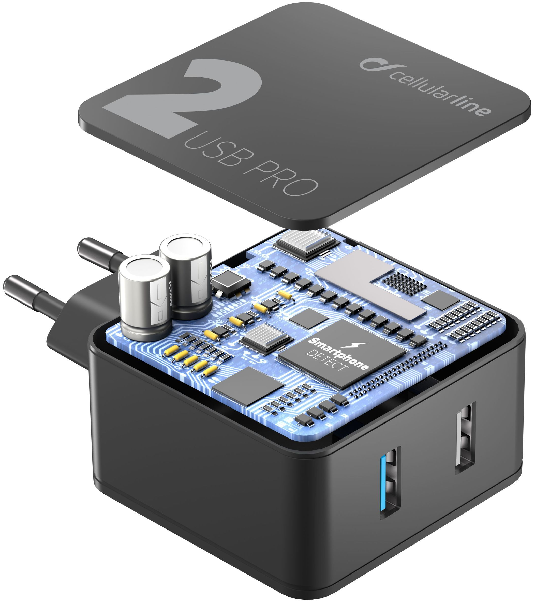 Síťová nabíječka Cellularline Multipower 2 PRO s technologií Smartphone Detect, 2 x USB port, 30W, černá 