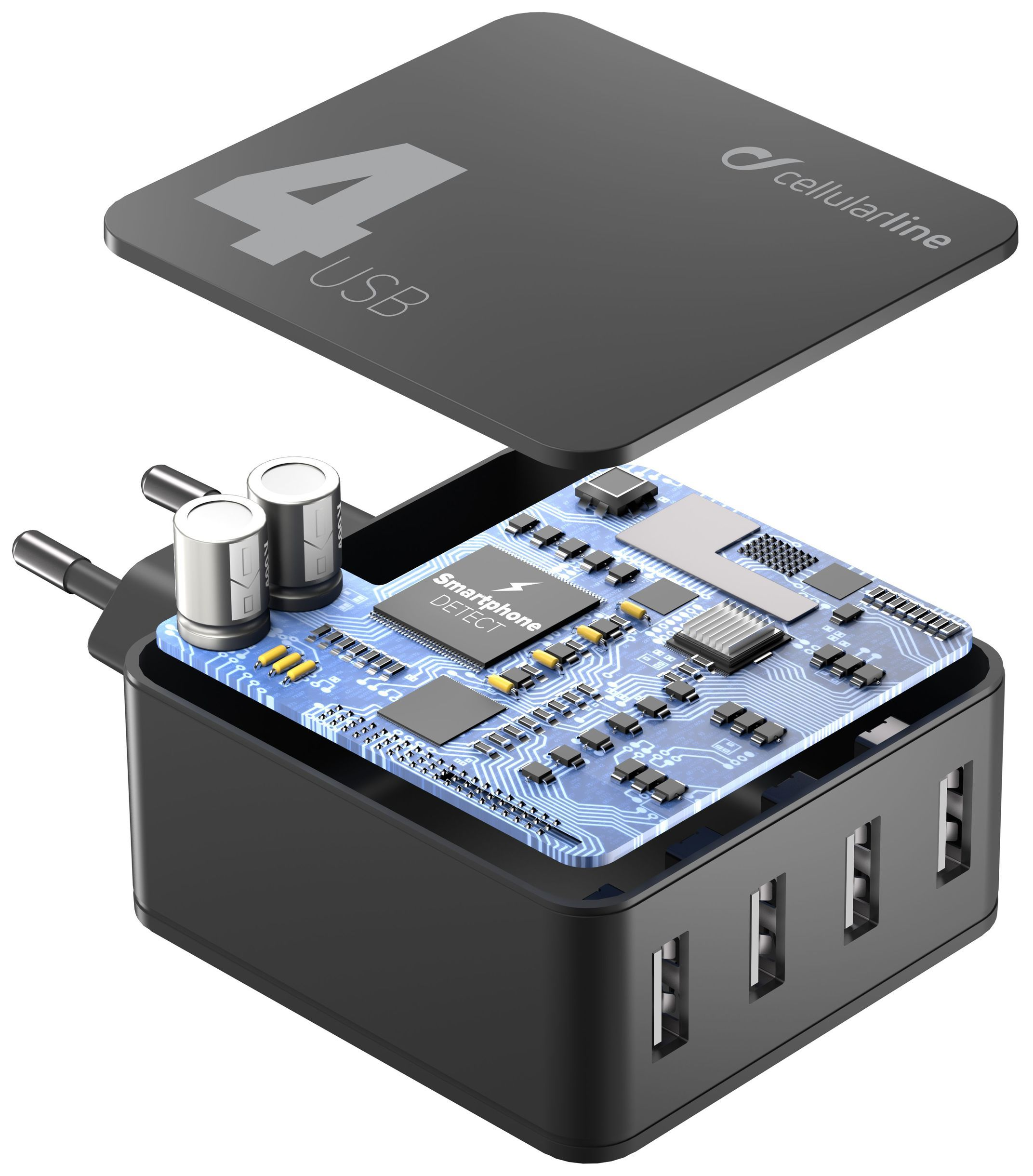 Síťová nabíječka Cellularline Multipower 4 s technologií Smartphone Detect, 4 x USB port, 42W, černá 