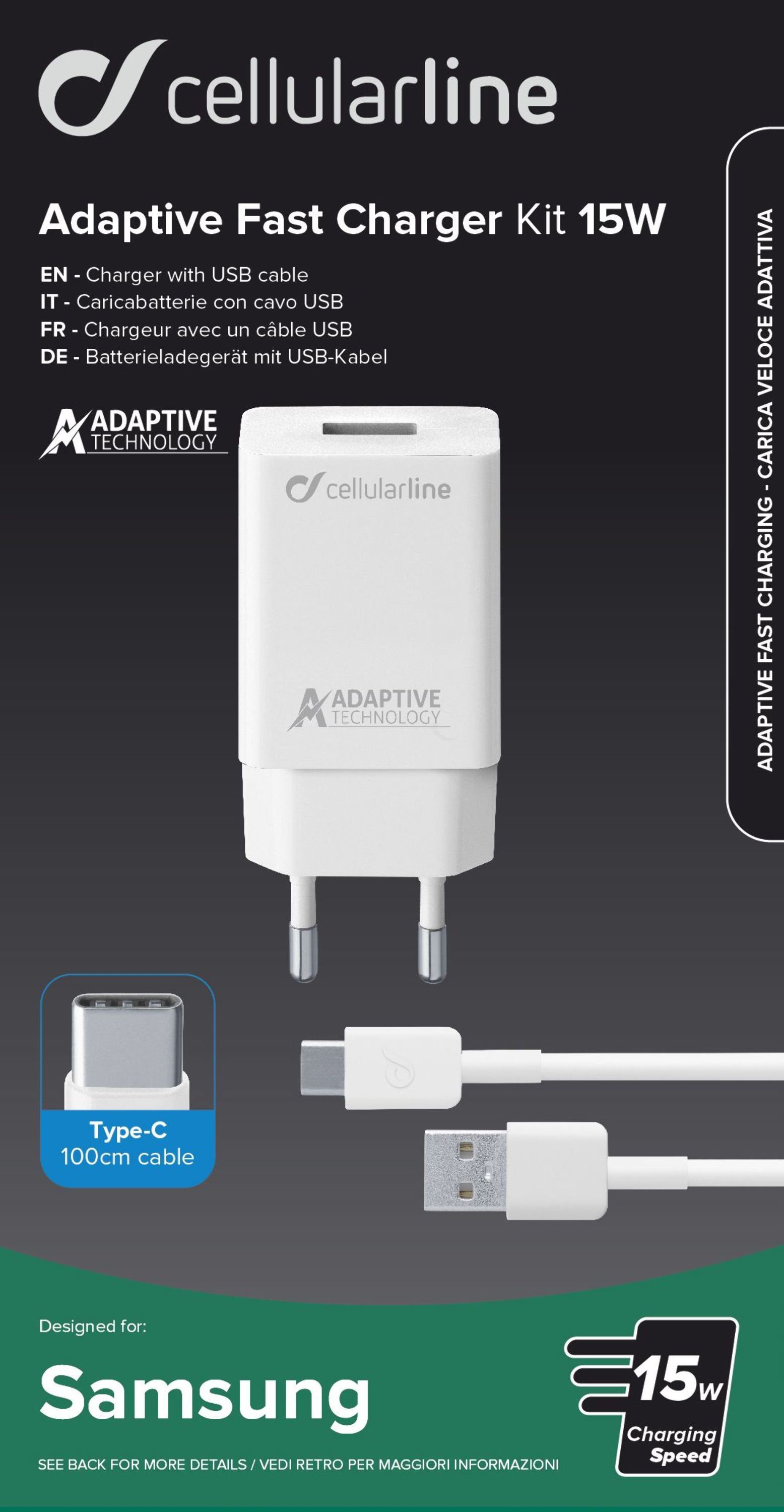 Set USB nabíječky a USB-C kabelu Cellularline, adaptivní nabíjení, 15W, bílá