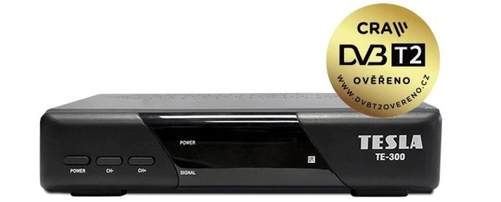 Stolní Set Top Box TESLA TE-300, DVB-T2 HEVC FTA přijímač a rekordér s USB, černá